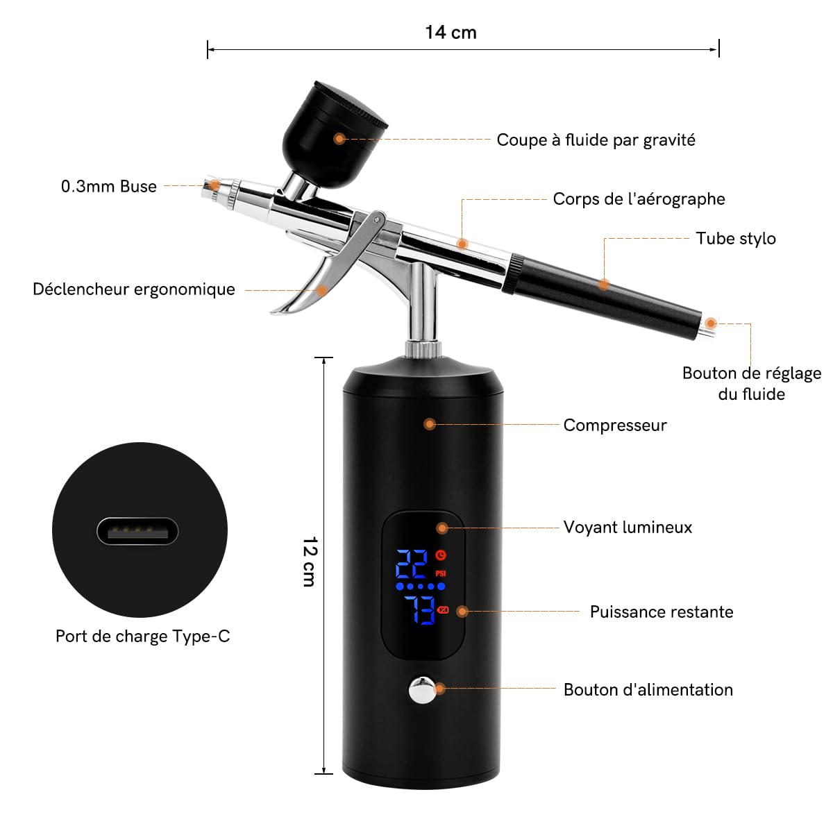 Kit Aérographe Sans Fil, 38PSI Réglable avec Compresseur, Rechargeable, Écran LCD, Tuyau Extension, Idéal pour Coiffure, Nail Art, Décoration Gâteaux, Maquillage, Peinture Modélisme