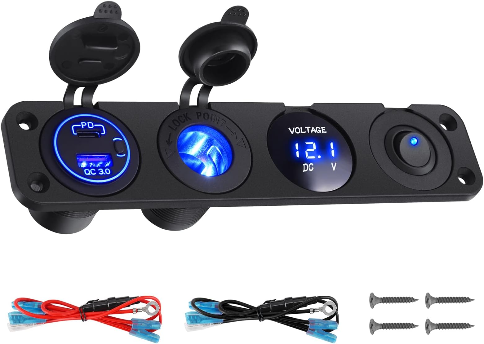 QC3.0 USB and PD Type C Car Charger Socket Panel 12 V/24 V Cigarette Lighter Socket Switch Voltmeter for Boat Truck Caravan