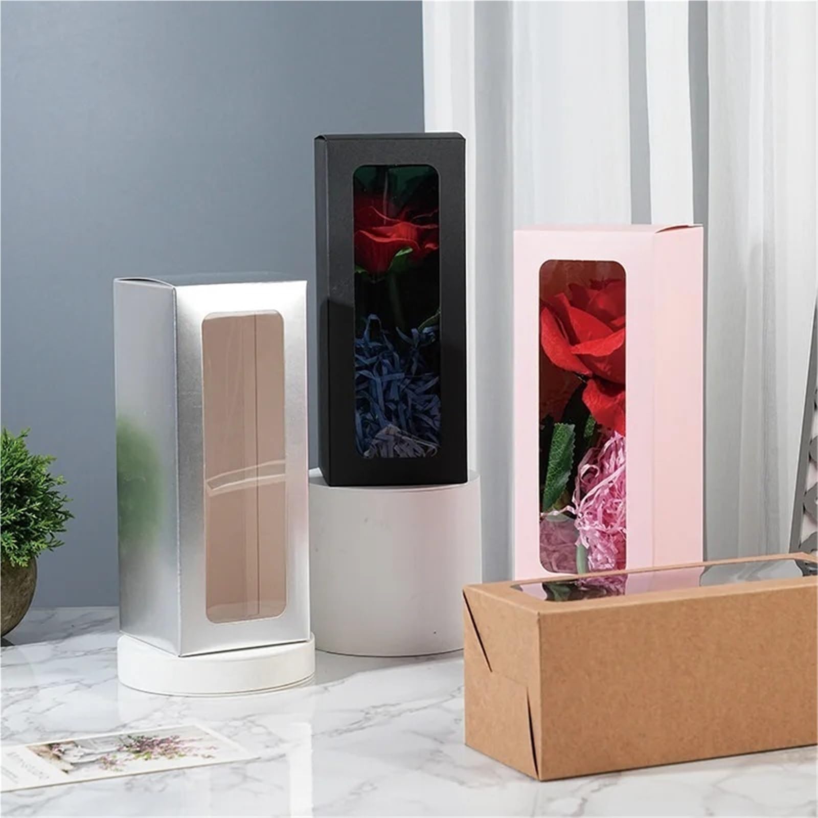 Kraftpapier Box Mit Fenster 8 x 20 cm große Geschenkbox mit Fenster