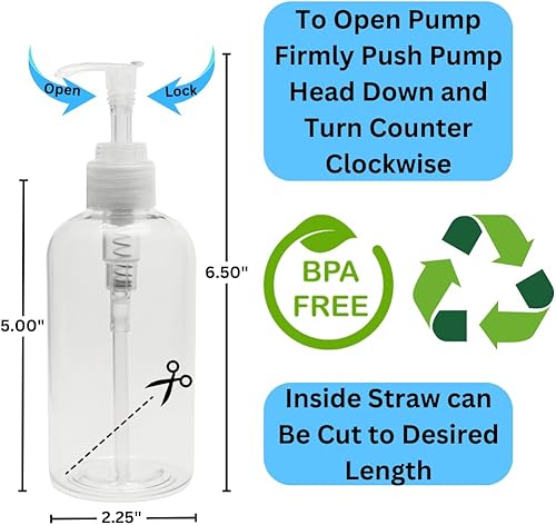 Miniatura 2 de Botellas de plástico con dispensador de bomba, 8 onzas, a prueba de fugas, vacías, botella recargable transparente, sin BPA para gel de baño,
