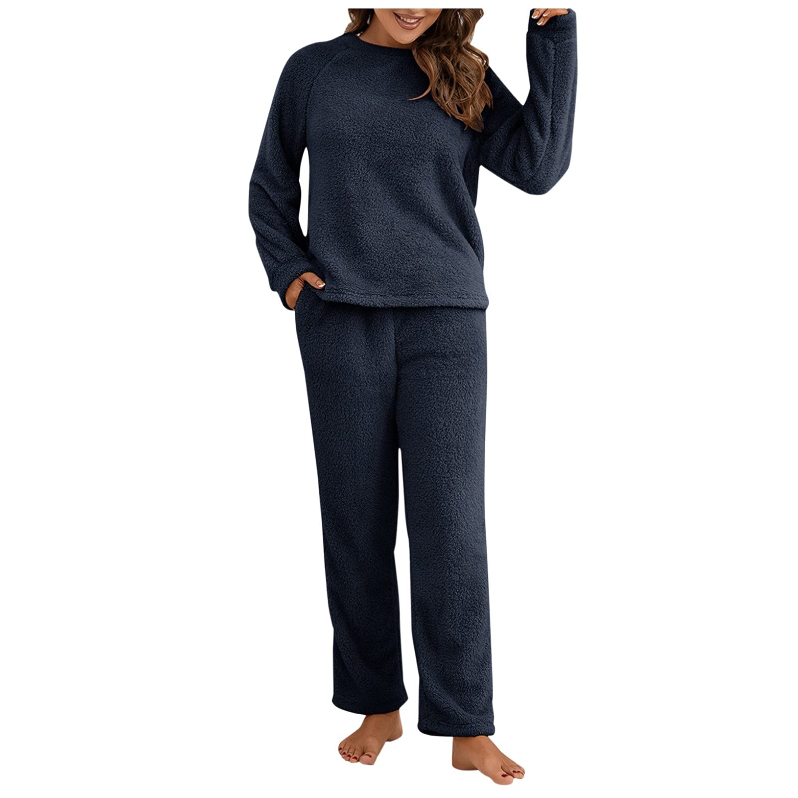 Tuta da donna calda in pile, pigiama invernale in due pezzi, soffice, girocollo, pigiama lungo, con tasca, tuta da notte