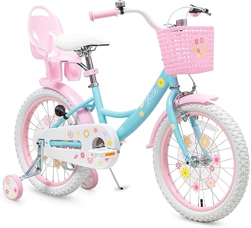 Bicicleta para niñas con cesta para niños pequeños y niños de 3 a 14 años, 14, 16, 18 pulgadas, con ruedas de entrenamiento y asiento de muñeca, 20