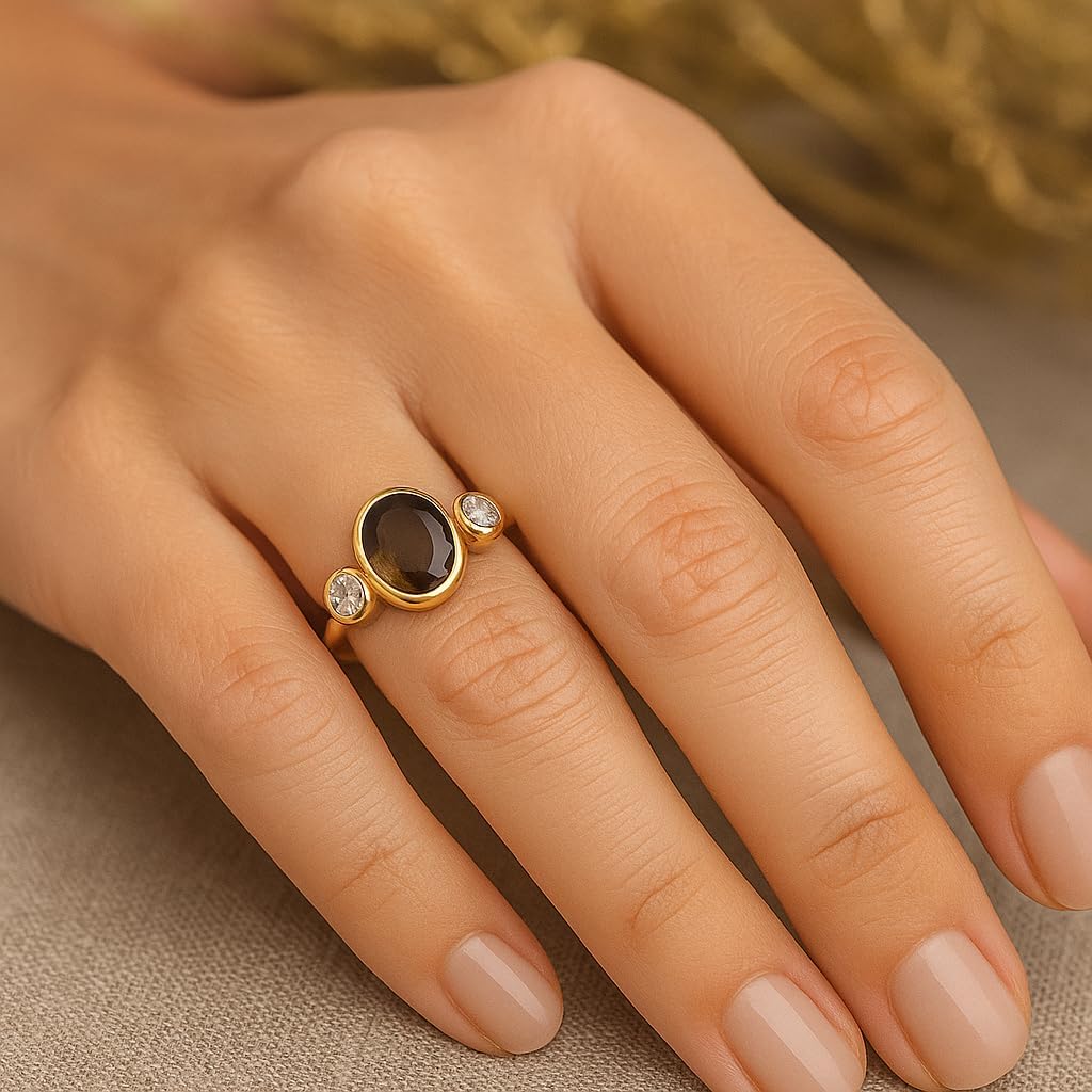 Oval Cut Smoky Quartz Three Stone Engagement Ring 14K Yellow Gold Bezel Set White CZ Accents Minimalist Vintage-Inspired Jewelry Gift For Her