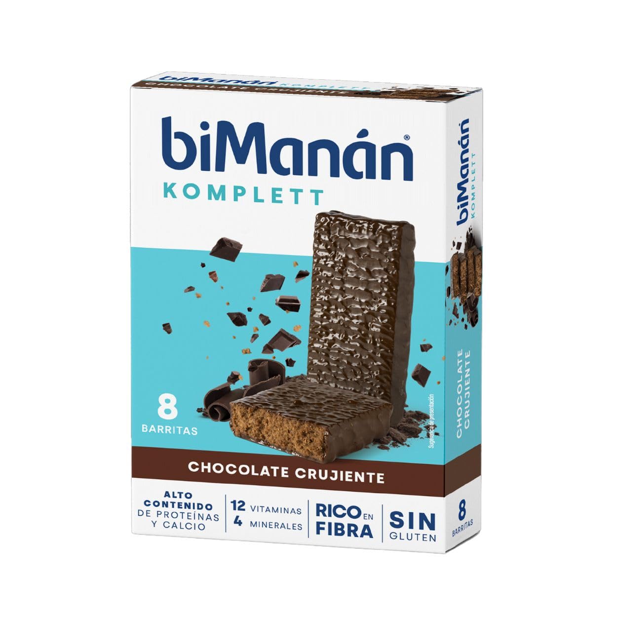 BIMANÁN KOMPLETT - BARRITAS DE CHOCOLATE CRUJIENTE - Ricas en Proteínas y Fibra, con 12 Vitaminas y 4 Minerales - sin Aceite de Palma, sin Gluten - 8 Unidades (280g)