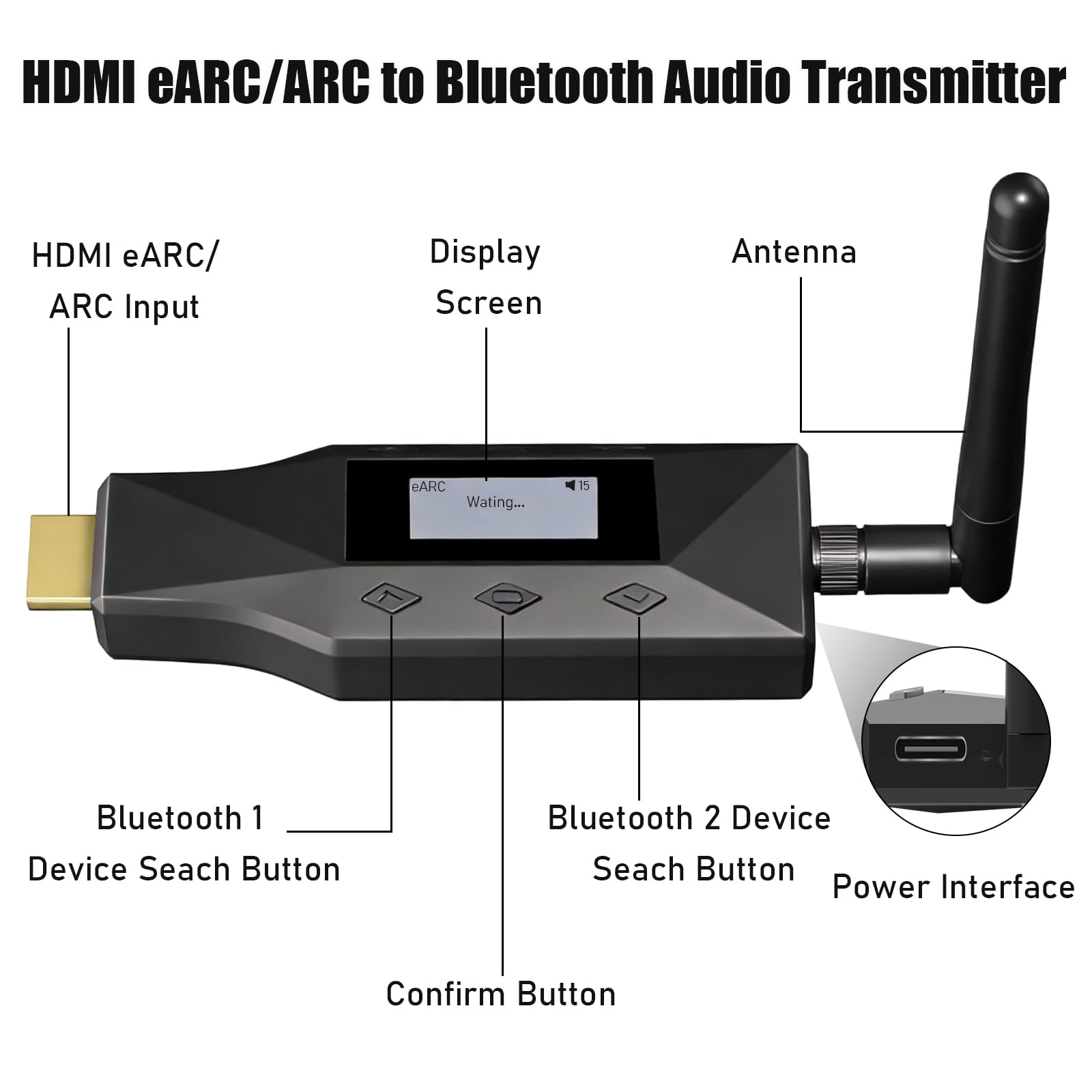 Tendak eARC/ARC a Bluetooth Transmisor, eARC/ARC a Bluetooth Auricular Altavoz Conversor de Audio con pantalla, Soporta Conexión simultánea de dos dispositivos, Función CEC