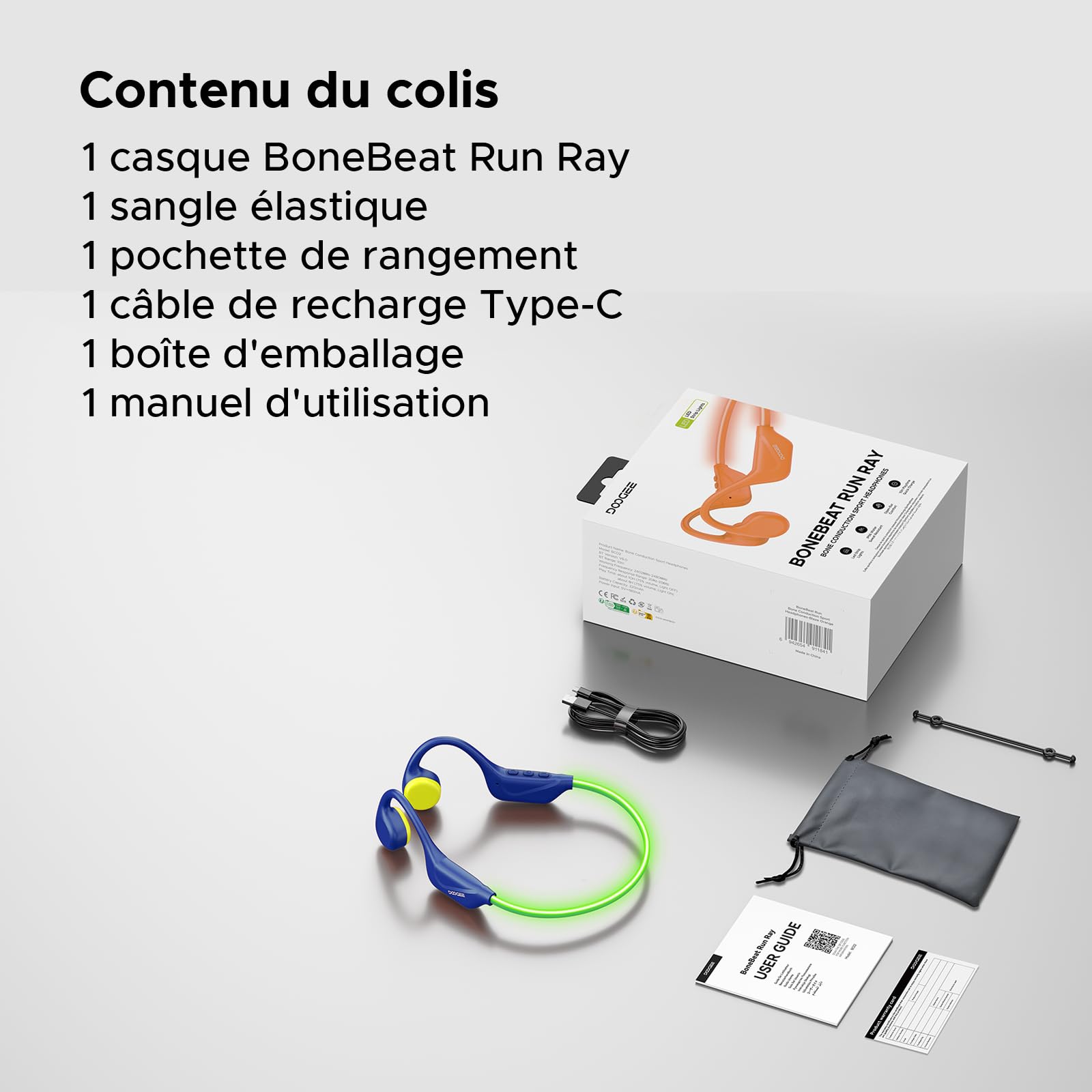 BoneBeatRunRay Casque à Conduction osseuse Open Ear Casque BT6 sans Fil écouteurs Sport Oreilles Libres Étanche IP66 Lumière Sécurité 10h Autonomie Charge Rapide Course Salle de Sport-Bleu