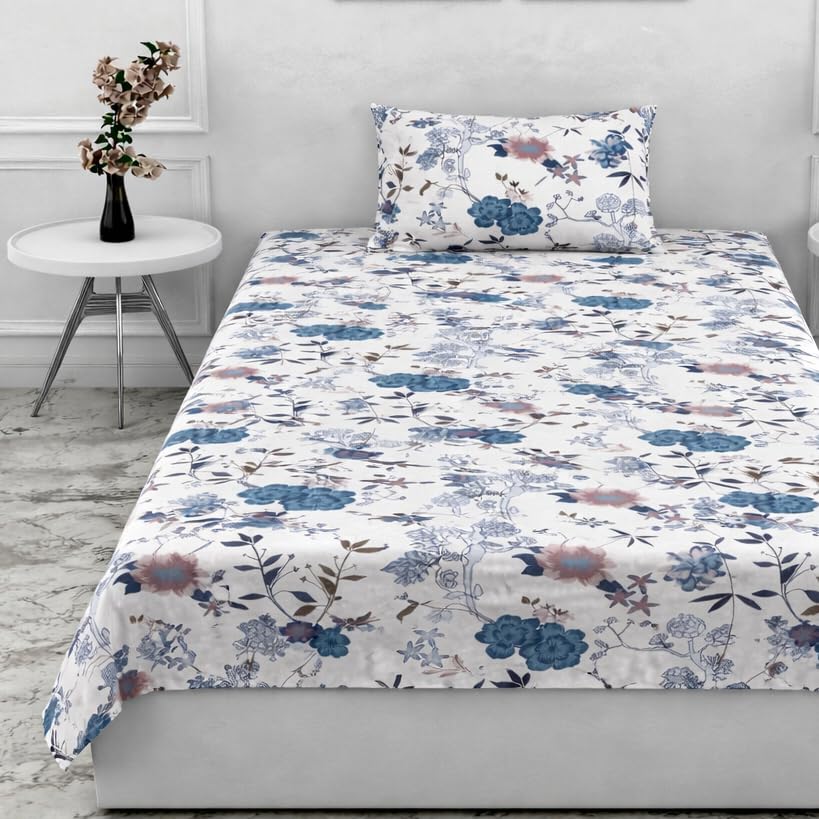 Image of DECOR2ADMIRE 300 Thread Count Premium Cotton Printed Single Bedsheet with One Pillow Covers for Home 60 Inches x 90 Inches (White Multi Floral, Single 60 inch x 90 inch)