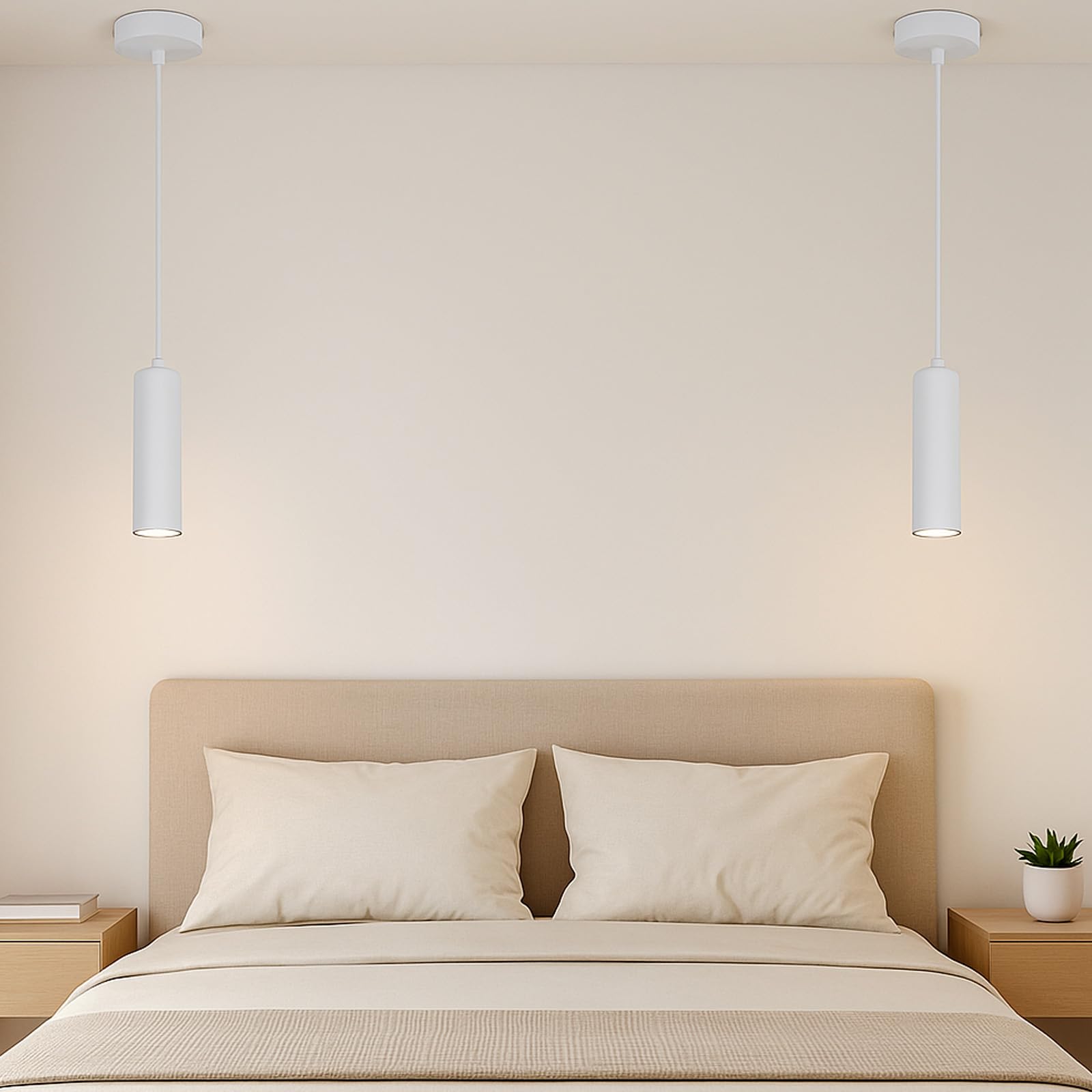 Alpinaluz Lampada a sospensione tubolare da soffitto in alluminio 20 cm – Design moderno minimalista, attacco GU10, cavo tessile regolabile 120 cm (Confezione da 2 Bianco)