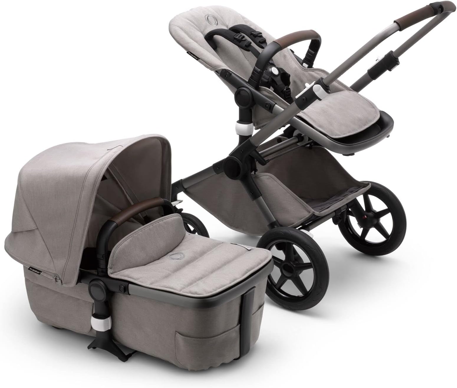Bugaboo Fox 3, our most comfortable 2-in-1 travel system: off-road stroller, carrycot with advanced ventilation, graphite chassis, carrycot and Mineral Light Grey hood