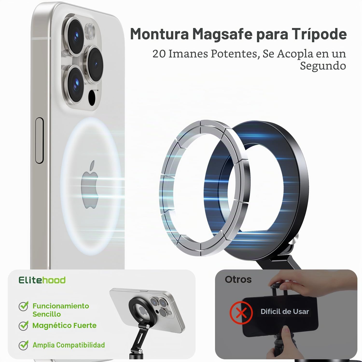 elitehood Soporte Móvil Trípode Magnético Adaptador- Base Giratoria 360°, Compatible MagSafe, Tornillo 1/4", Inclinación 180° para Cámaras/Trípodes/Luces Anulares