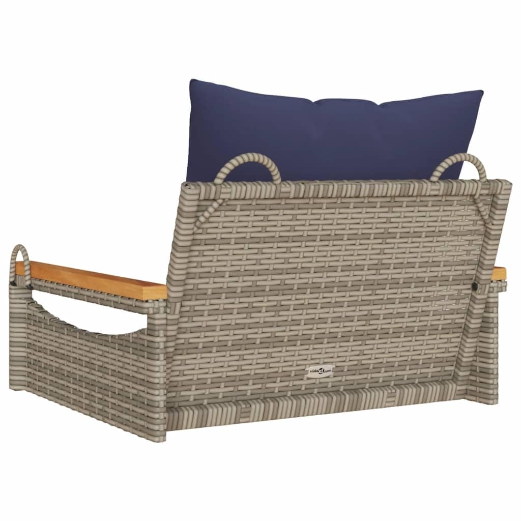Hamaca colgante con cojín, gris, 63 x 62 x 40 cm, polirratán, resistente a la intemperie, banco balancín para jardín, balcón, terraza, con cómodos cojines y anillos de fijación para