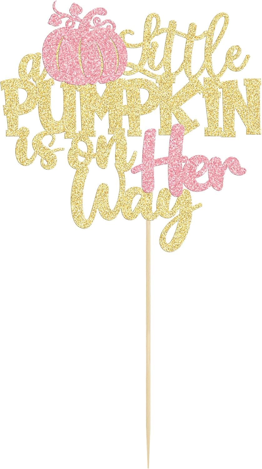 Little Pumpkin is on the Way Cake Topper, Glitter Pumpkin Baby Shower Cake Topper Decorations for Autumn/Halloween Themed Baby Shower Kids Boys Girls Birthday Party (Little Pumpkin on her way) 2