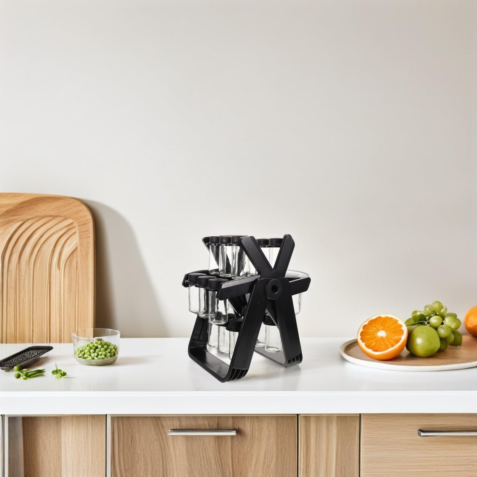 Especiero Giratorio para Cocina con Frascos de Vidrio Transparentes y Tapas Herméticas, Soporte de Plástico con Diseño de Rueda Fortuna para Organizar Condimentos