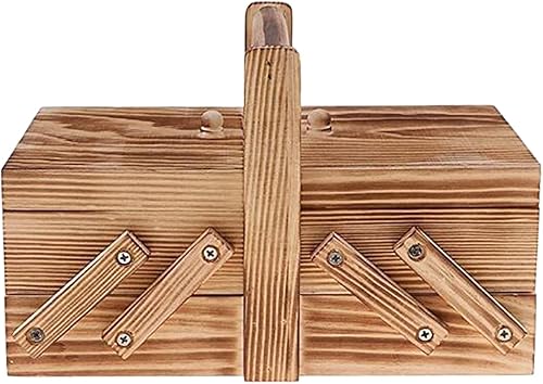 Miniatura 4 de Milageto Organizador de caja de costura de madera premium, agujas, hilo, tijeras, kit de costura grande, compartimentos, cesta de coser para el