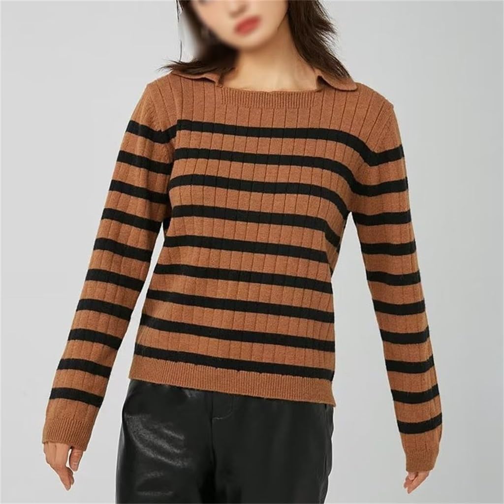Autumn and Winter Striped Knitted Sweater Lapel Loose Casual Women's Clothing