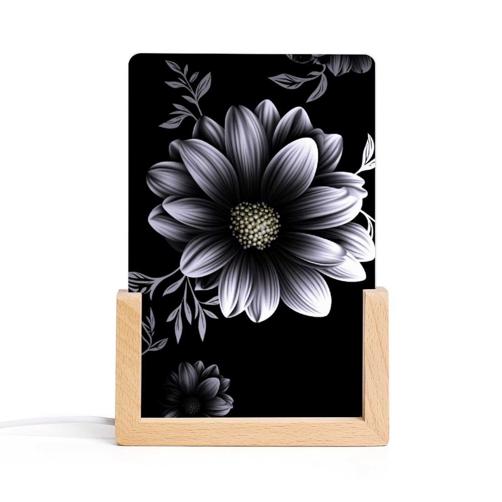 JTREHY Acrylic Night Light,Black with Flower Printed Wooden Base LED Night Light Modern Home Decoration Light with USB Switch Cable for Bar Cafe Bedroom Room Decoration