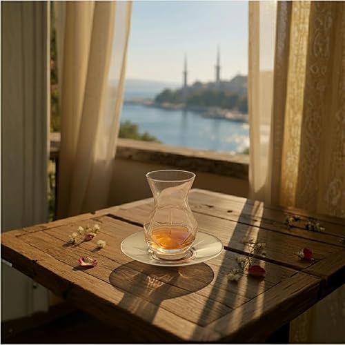 Miniatura 4 de Juego de 6 tazas y platillos de té de vidrio transparente de diseño especial (12 unidades), forma tradicional de cintura delgada, vidrio resistente