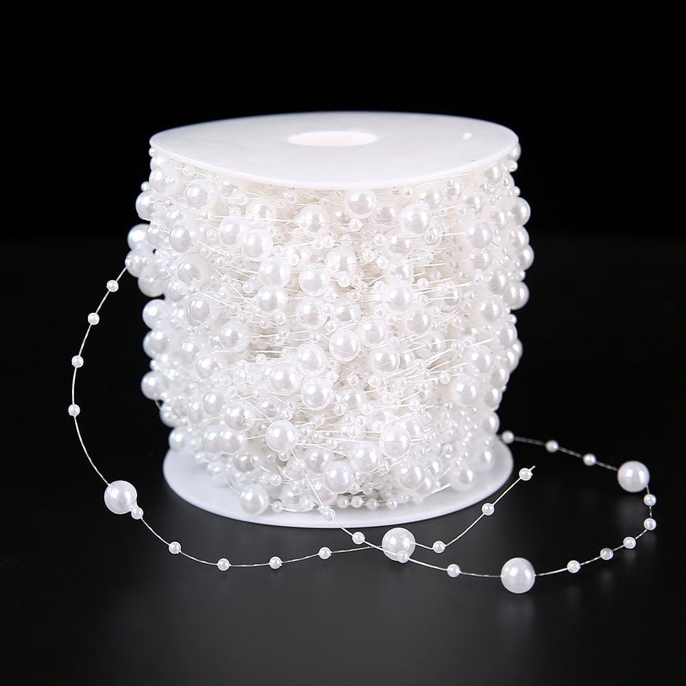 FQTANJU 200 Ft Pearl String Roll, 8mm and 3mm Mixed, White, Party Garland Wedding Centerpieces Bridal Bouquet Crafts Decoration