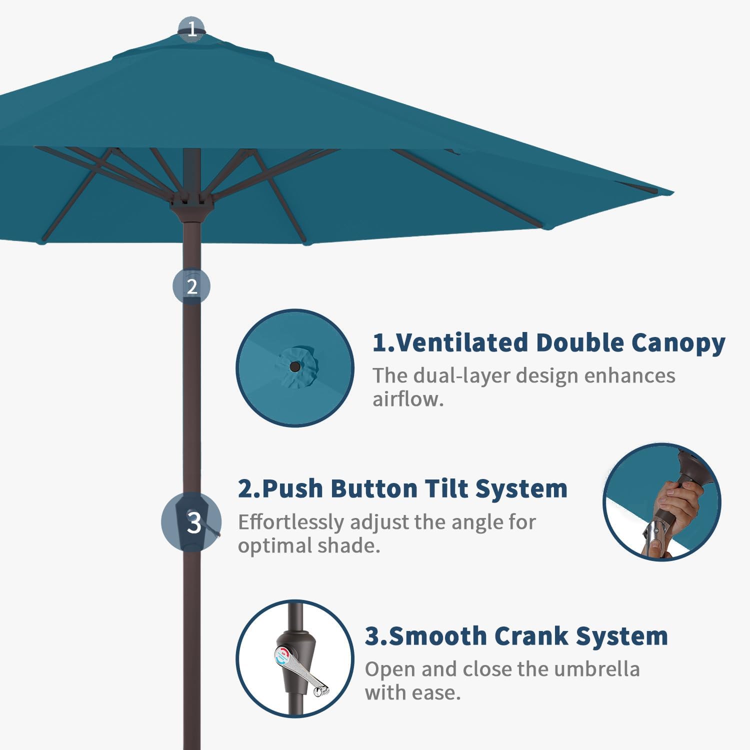 10FT Patio Umbrella Outdoor Market Umbrella with Crank and Tilt, 8 Flexible Fiberglass Ribs, UV-Resistant Waterproof Canopy for Patio, Deck, Garden, Backyard, Lake Blue