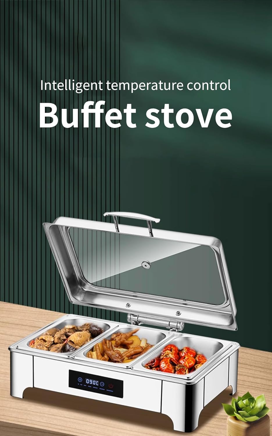 Lot de plats à frire en acier inoxydable 9 l avec couvercle rabattable et contrôle de température LED pour événements de restauration (triplegrid)