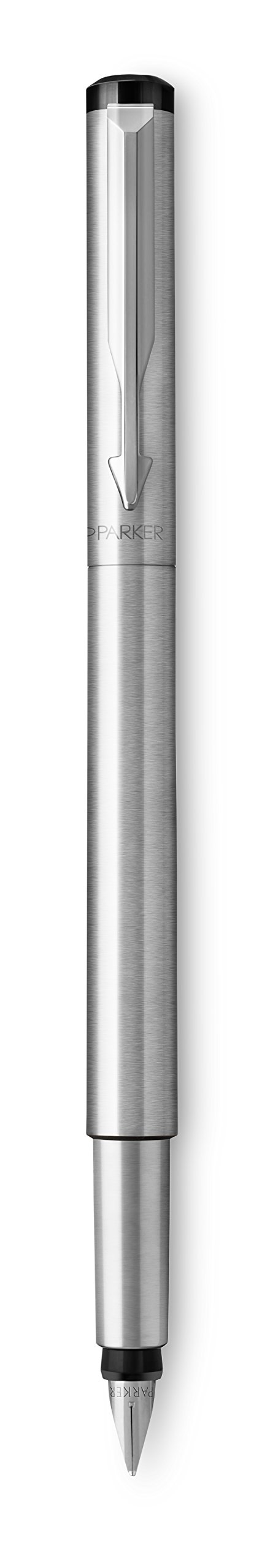 PARKER Vector pluma estilográfica, acero inoxidable con adorno cromado, plumín mediano y tinta azul, en estuche de regalo
