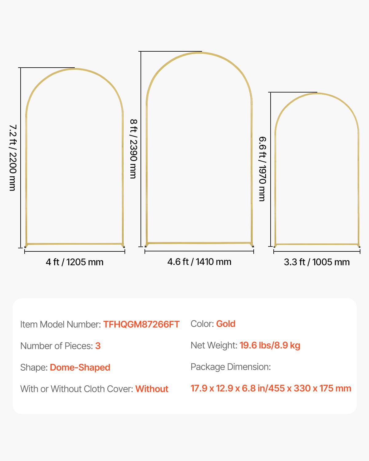 VEVOR Support de Fond Arche de Mariage, Lot de 3, Support Stable Métal, 2390 mm, 2200 mm, 1970 mm, Barre Transversale de Châssis, Facile à Assembler, pour Anniversaire, Célébration, Cérémonie, Doré