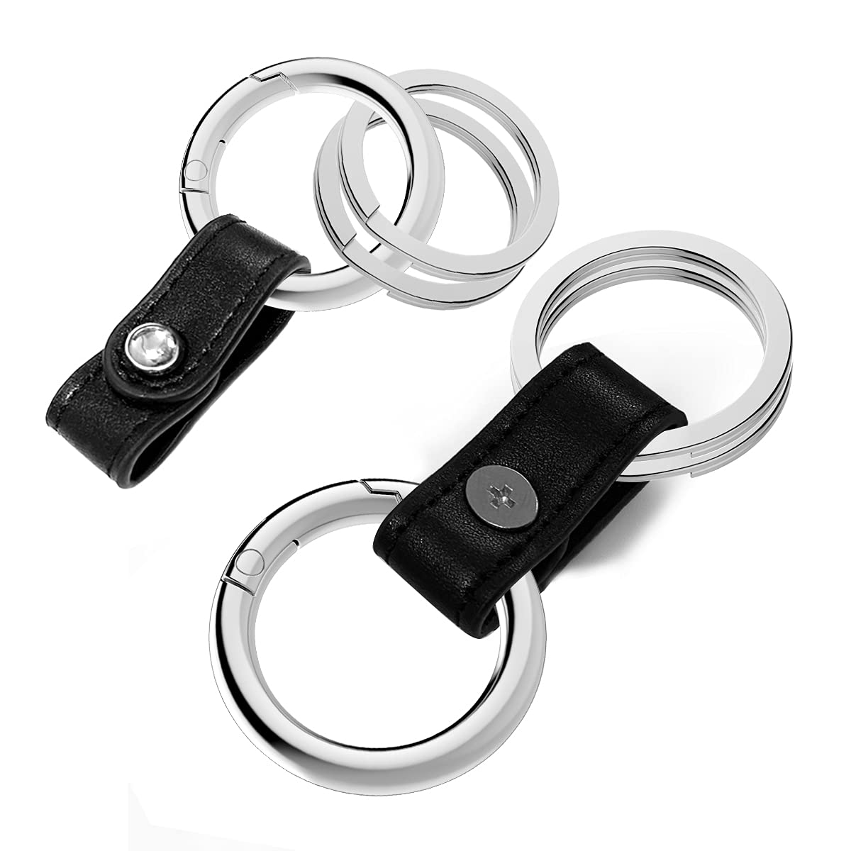 Idakekiy Zinc Alloy Key Rings Leather Part Button Key Clip Carabiner Keychain Split Keyrings for Men and Women (Silver)