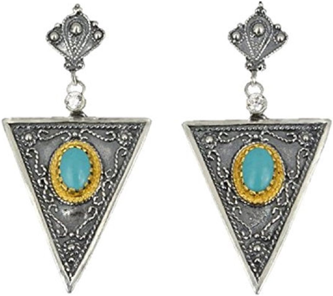 Irene Greek JewelryBlue Turquoise Earrings Byzantine Style 925 Sterling Silver & 22K Gold Plated Greek Handmade Art Rare Luxury