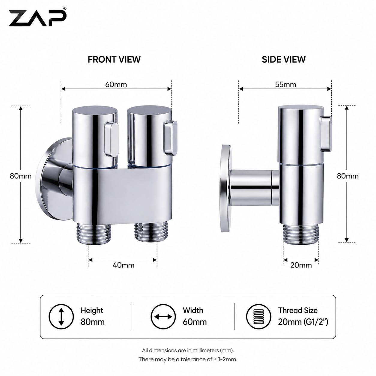 ZAP Brass 2-in-1 Angle Valve for Bathroom | Chrome Plated Dual Outlet Angle Cock with Wall Flange | Stainless Steel 2 Way Bib Tap for Health Faucet, Jet Spray, Wash Basin & Toilet Shower Connection 2