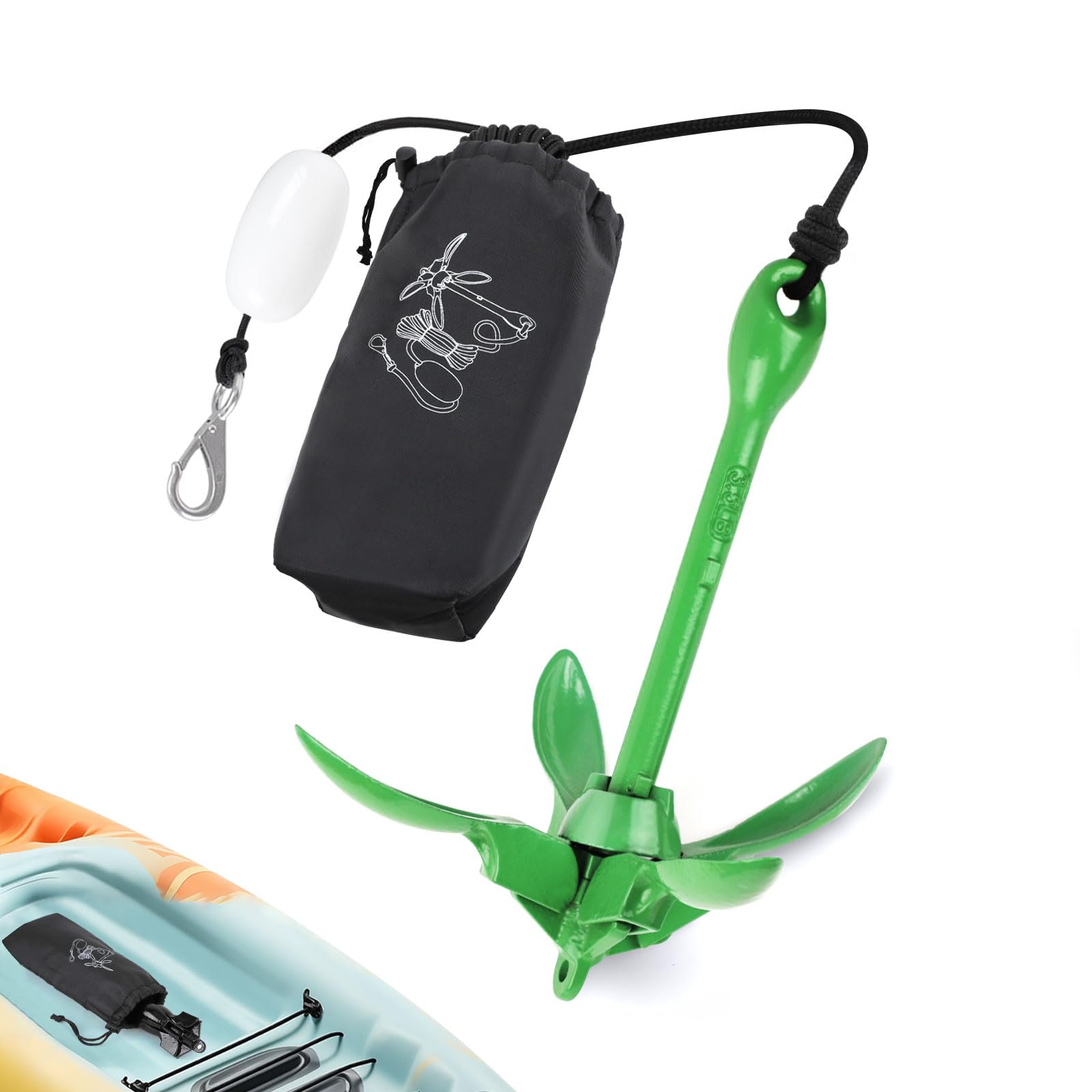 Alpinista Kajakanker, 1,6 kg, tragbar, faltbar, mit 12,2 m langem Seil für Kajak, Kanus, Angeln und Paddelbrett-Zubehör, Grün