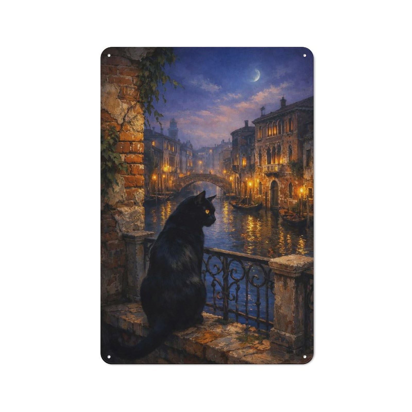 Junmoney Style-16 Metal Wall Sign 30X20cm Featuring Black Cat In Venice At Night For Pub Or Café, Housewarming Wall Decor For People Furnishing Pub And Café