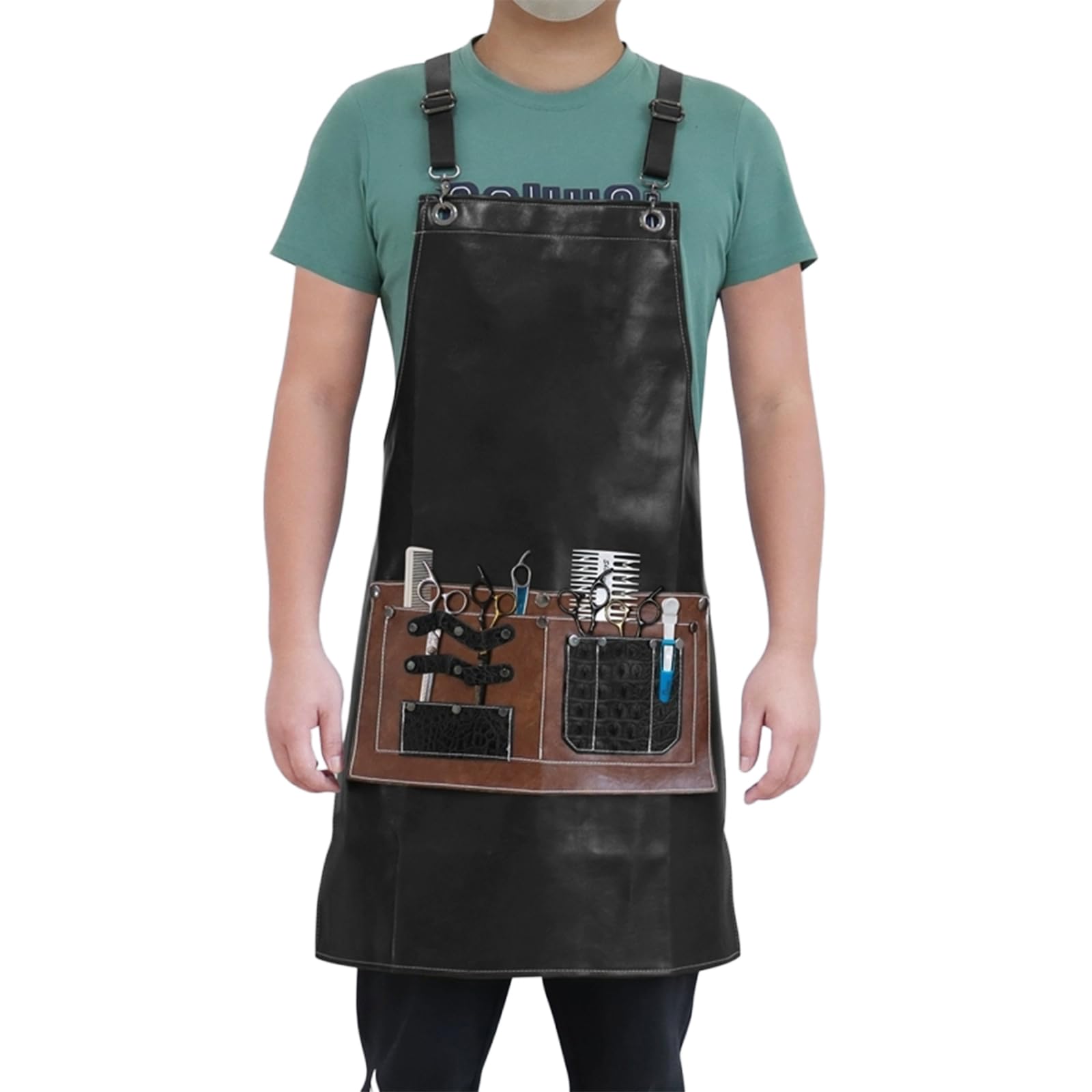 Imperméable Tabliers De Travail en Cuir PU Tablier Coiffeur avec Poches pour Femmes Hommes Black,One Size