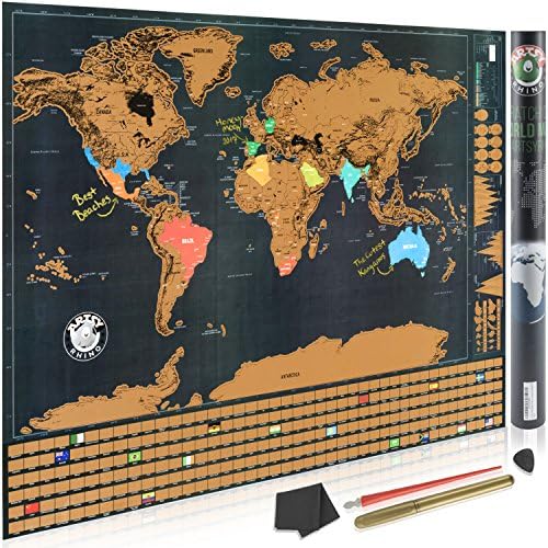 Scratch Off Map of The World Poster with US States and Country Flags, Large Style 32"x24" Includes Pen Scratcher, Gold Pen and Cleaning Cloth, Perfect Gift for Travelers, by ArtsyRhino