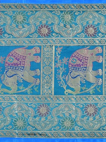 Image of Banarasi Brocade Zari Silk Table Runner Dinning & Centre Table Runner 177 By 30 CM (Turquoise, Elephant)
