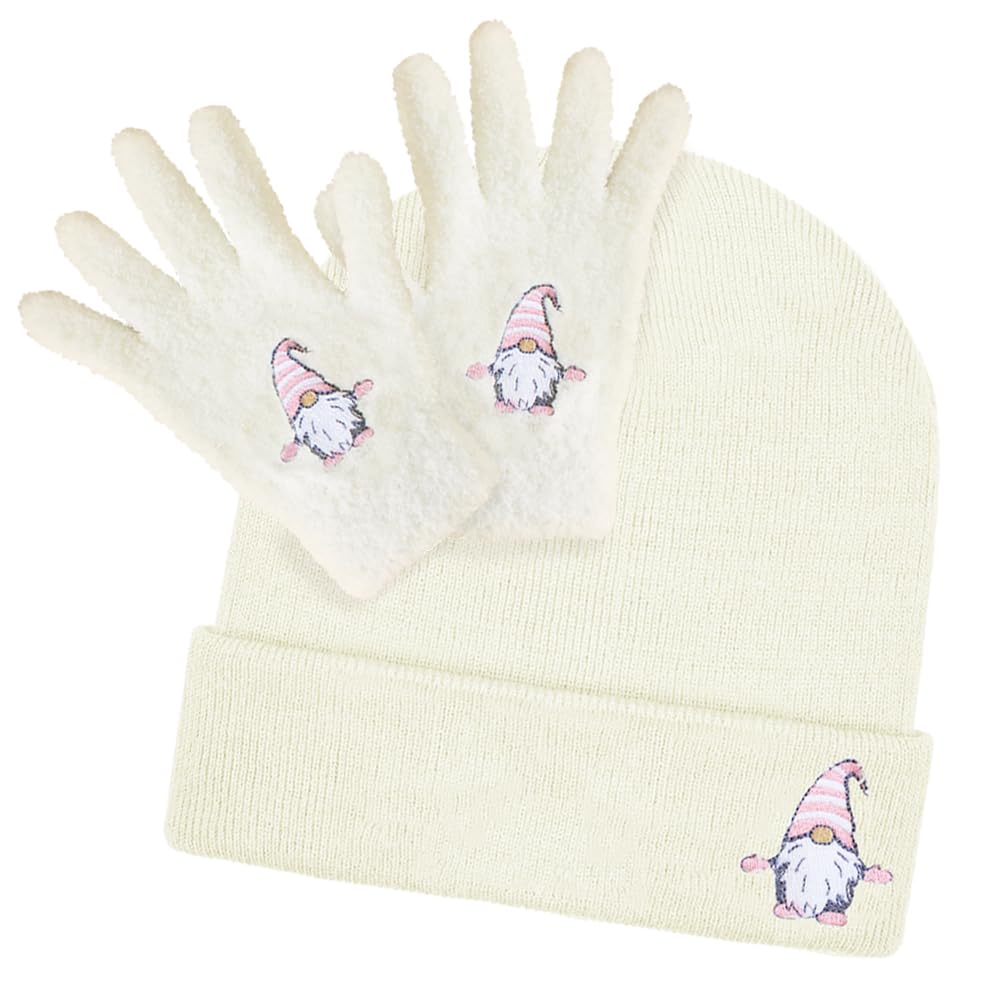 TeddyT's Women's Gonk Gnome Embroidered Cream Beanie Hat & Fluffy Gloves Set (Light Cream)