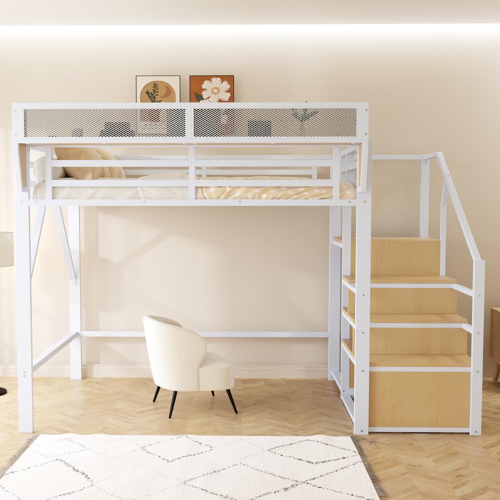 Cama alta de 140 x 200 cm con estructura de metal, cama de matrimonio de 140 x 200 cm con escalera de seguridad y compartimento contenedor flexible, cama para niños, sin colchón, color blanco