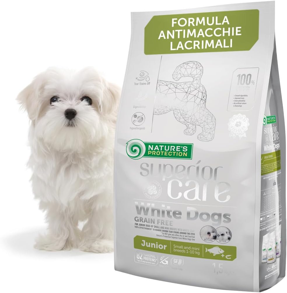 Nature’s Protection Superior Care Crocchette Cani ad Alto Contenuto Proteico - Cibo per Cani Junior Bianchi Ipoallergenico con Pesce Bianco - Omega 3 e 6 - Contro le Macchie da Lacrimazione (1,5 kg)