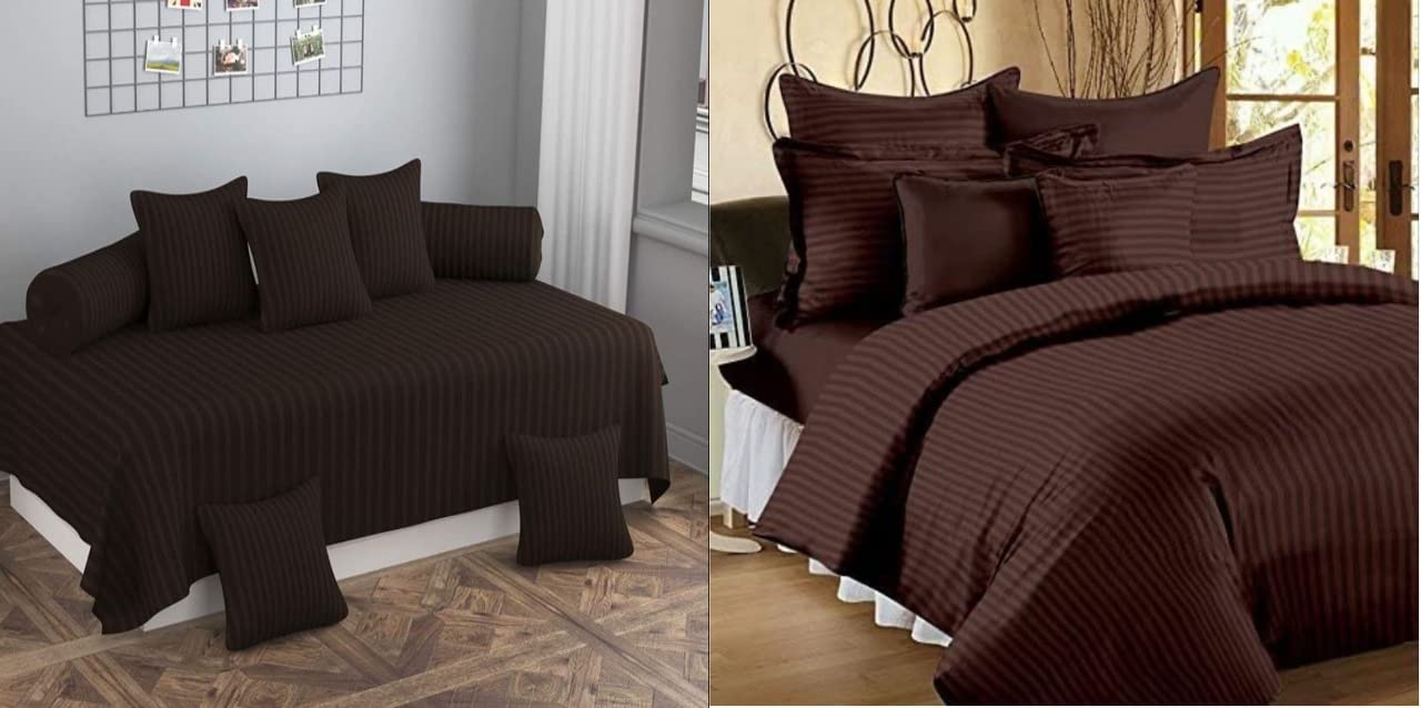 Stripes Pattern Satin Fabric Combo of Double Bed Sheet Set and Same Diwan Blend Set (Brown)-image-25