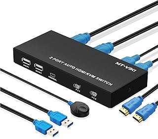 TNP 4K KVM Switch 2 Port HDMI KVM Switch 2 Computers 1 Monitor Switch with 4 USB Ports, 60Hz, 4-Switch Method Displayport Switcher, Keyboard Video Monitor and Mouse Switch with Cables Included