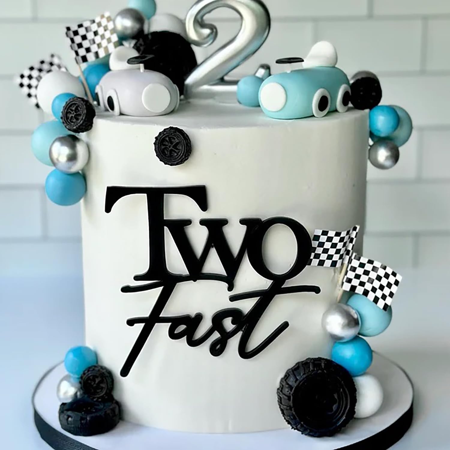 Two Fast Birthday Cake Topper – Race Car Theme 2nd Birthday Decoration, Gold Glitter Checkered Flag Sign