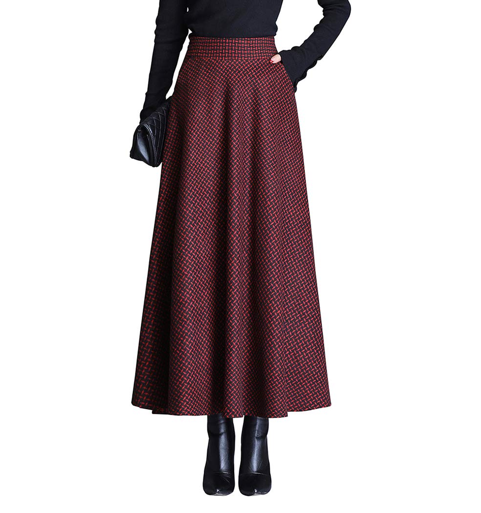 Jupe Longue Femme Hiver Élégant Carreaux Haute Taille Maxi Jupe en Laine A-Line Taille élastique Skirt 1951 Rouge vin -XXL