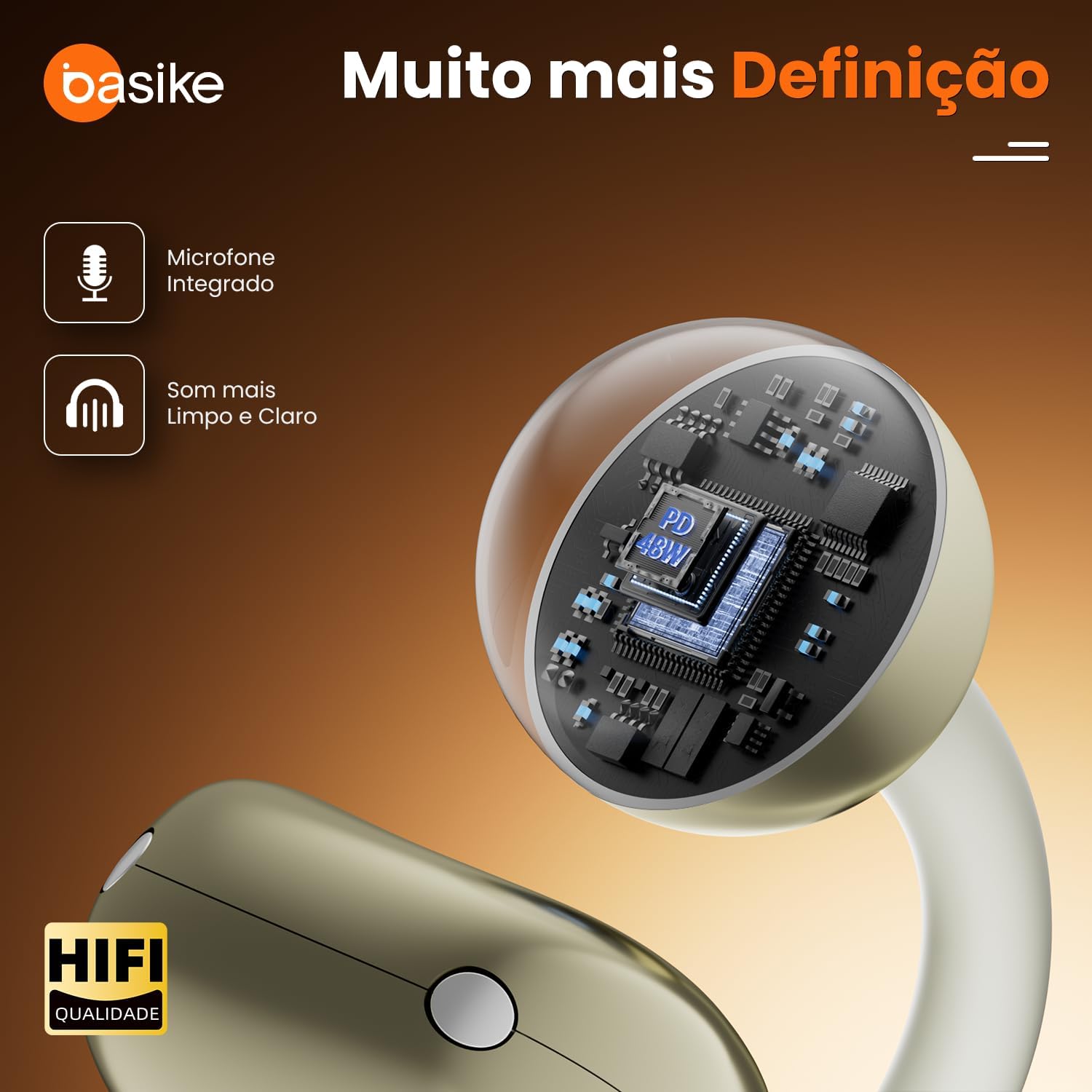 Basike Fone de Ouvido Bluetooth 5.4 Esportivo, Áudio Estéreo Hi-Fi, ENC para Chamadas, IPX4 à Prova d’Água, Compatível com Android e iOS, Clip-On e Design de Som Aberto – Bege Claro
