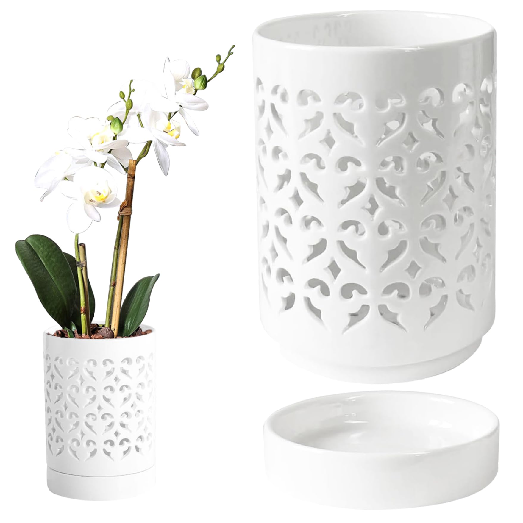 Wedhapy White Orchid Pots With Holes 4 Inch Orchid Planter, Breathable Orchid Pots For Repotting Ceramic Plant Pot With Saucer For Orchid Promotes Air Circulation Plant Growth Orchid Pot Orchid Pots With H