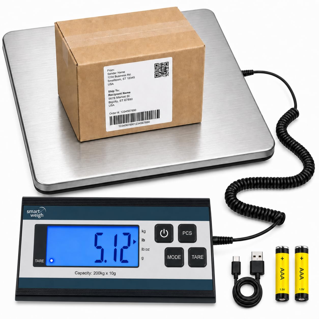 Smart Weigh Pèse-personne numérique robuste pour colis avec grande plate-forme en acier inoxydable durable, balance postale et bagage 200 kg x 28,3 g