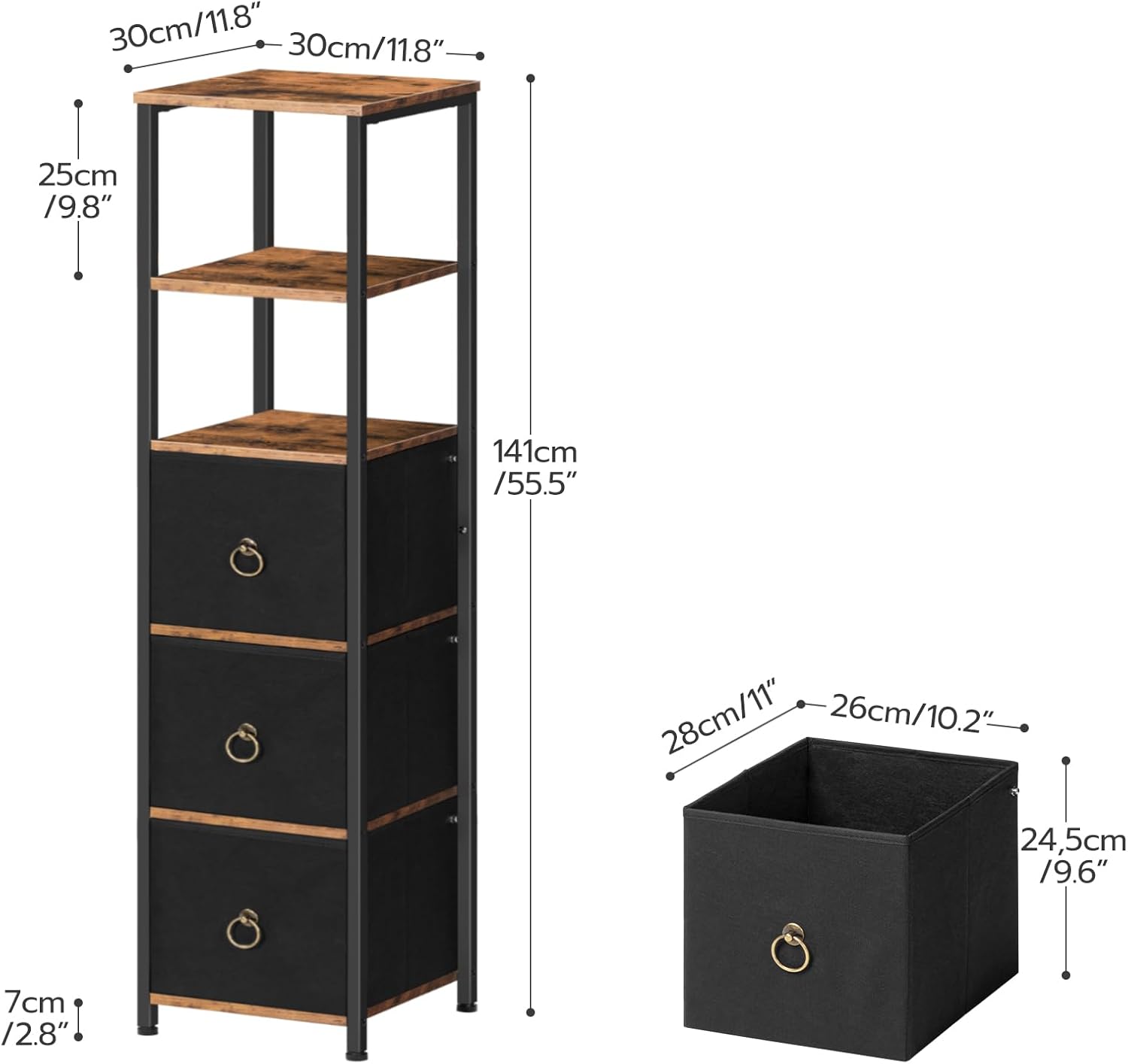 Detailed dimensions of the HOOBRO Bathroom Floor Cabinet and its fabric drawers.