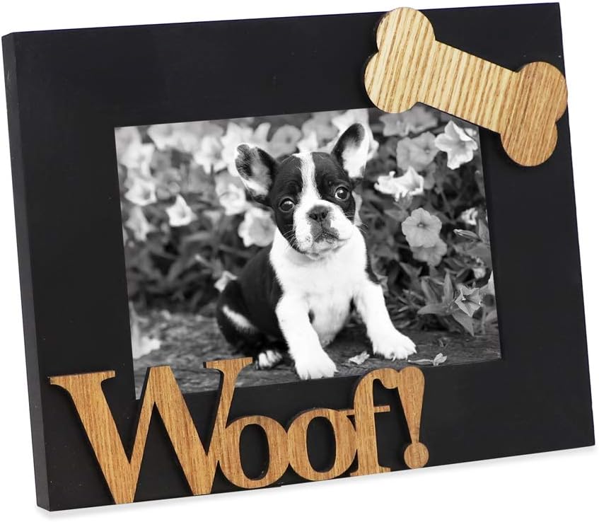 Isaac Jacobs Black Wood Sentiments Dog “Woof!” Picture Frame, 4x6 inch, Photo Gift for Pet Dog, Puppy, Display on Tabletop, Desk (Black, 4x6)