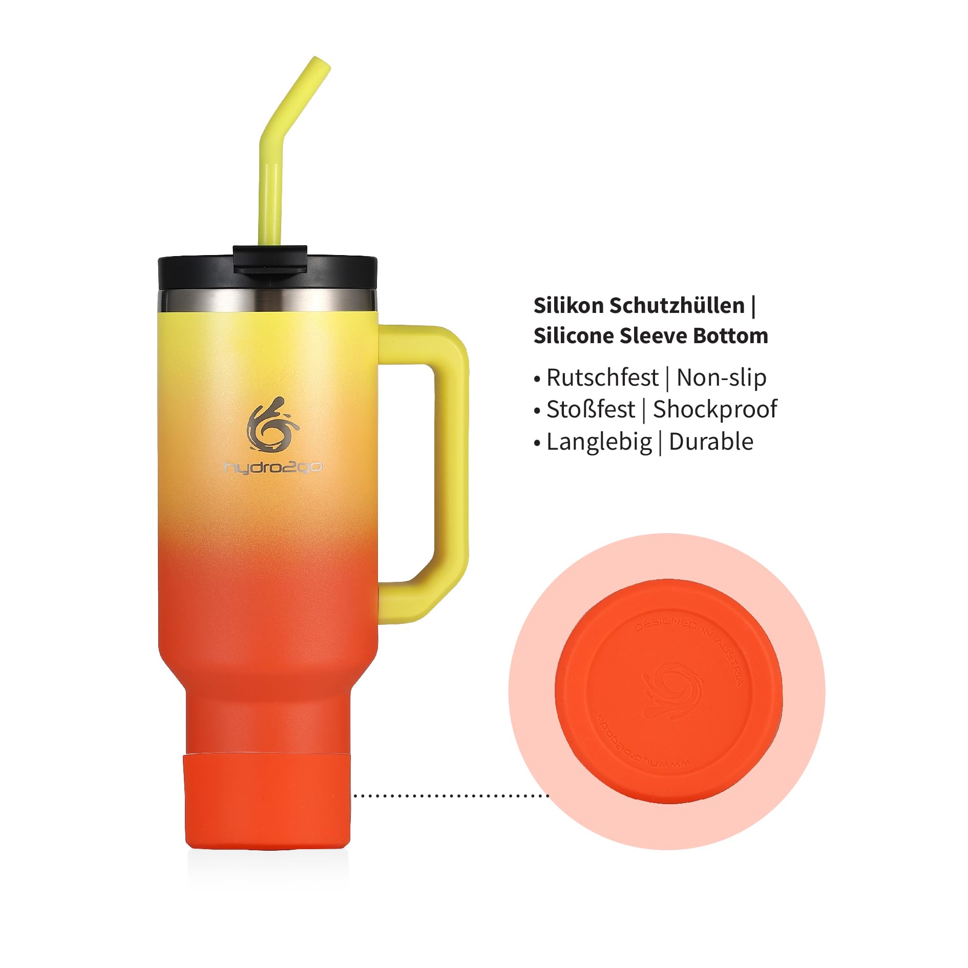 hydro2go® 1200ml/40oz Thermobecher, Kaffeebecher to Go, Isolierbecher mit Griff & Strohhalm, Reise- & Autobecher, Tumbler für Heiß- & Kaltgetränke (Sunset, 1200 ml) | thermobecher, kaffeebecher to go, isolierbecher mit griff und strohhalm, reisebecher, au