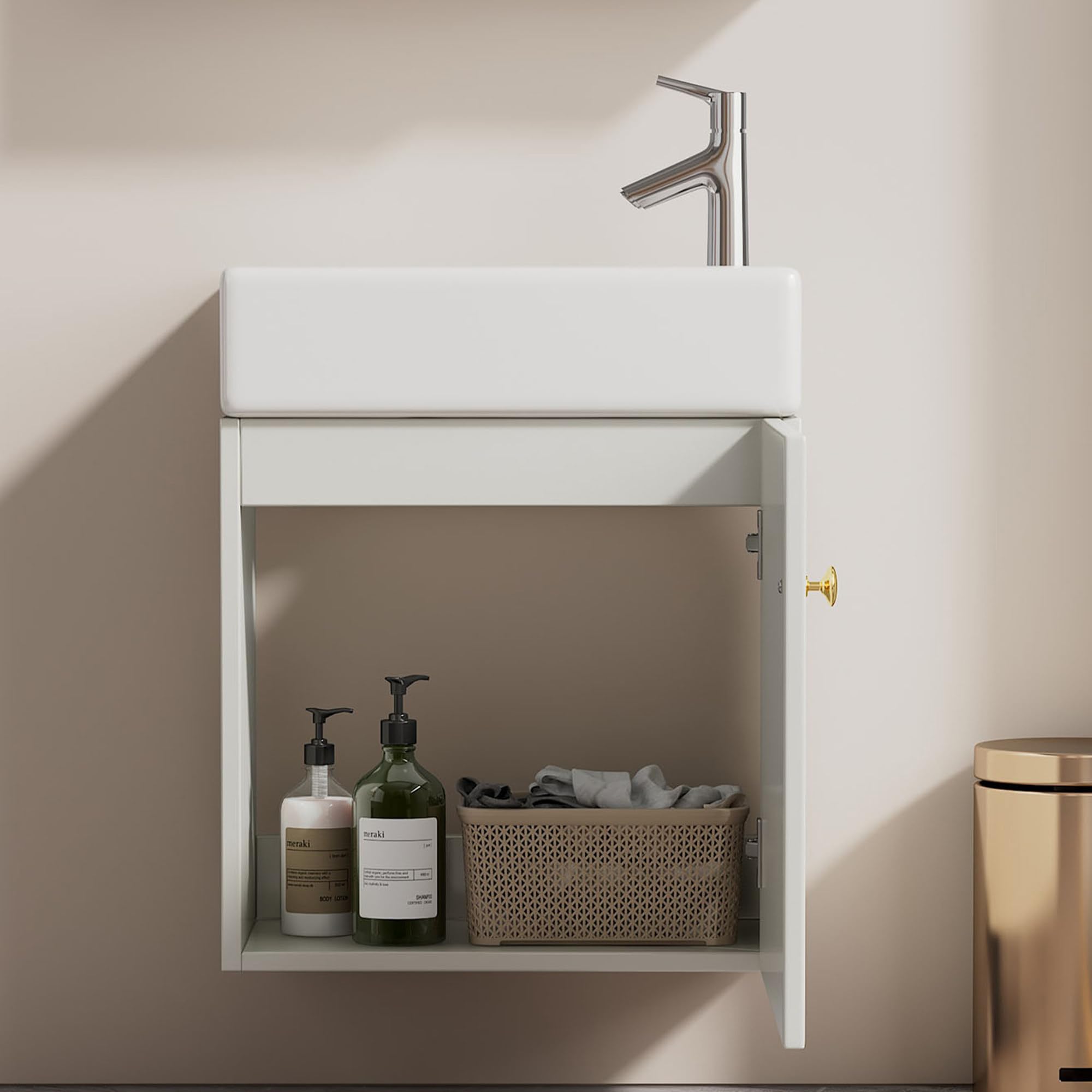 Meuble Salle de Bain avec Vasque Moderne, Vasque en Céramique avec Meuble Sous-vasque 46 cm, Meuble Vasque Suspendu, Petit Meuble Salle de Bain pour Invités, Meuble Vasque WC, Gris/Blanc/Naturel