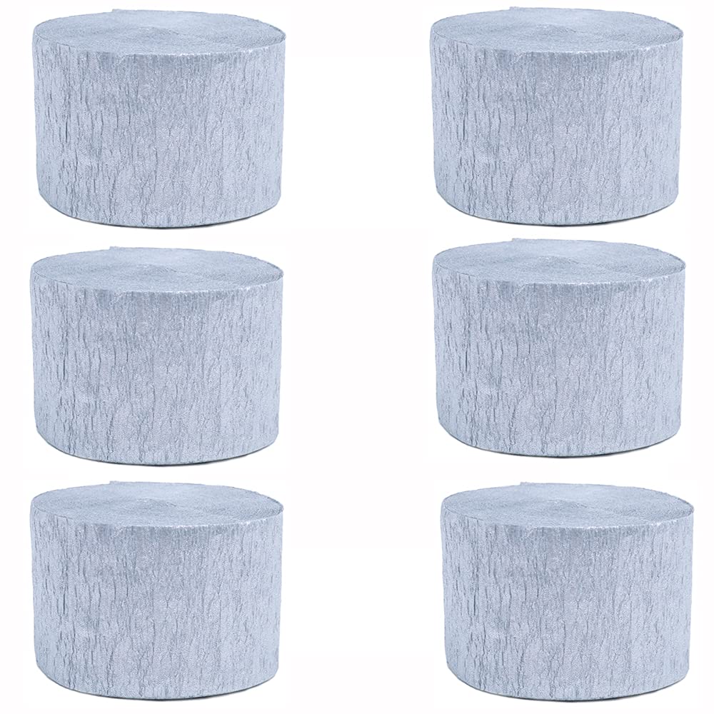 ANCLLO 6 Rolls 4.5cm x 25m Crepe Paper Party Streamers, Streamers Backdrop Hanging Decorations for Birthday Party, Wedding and Festival Decorations, Silver