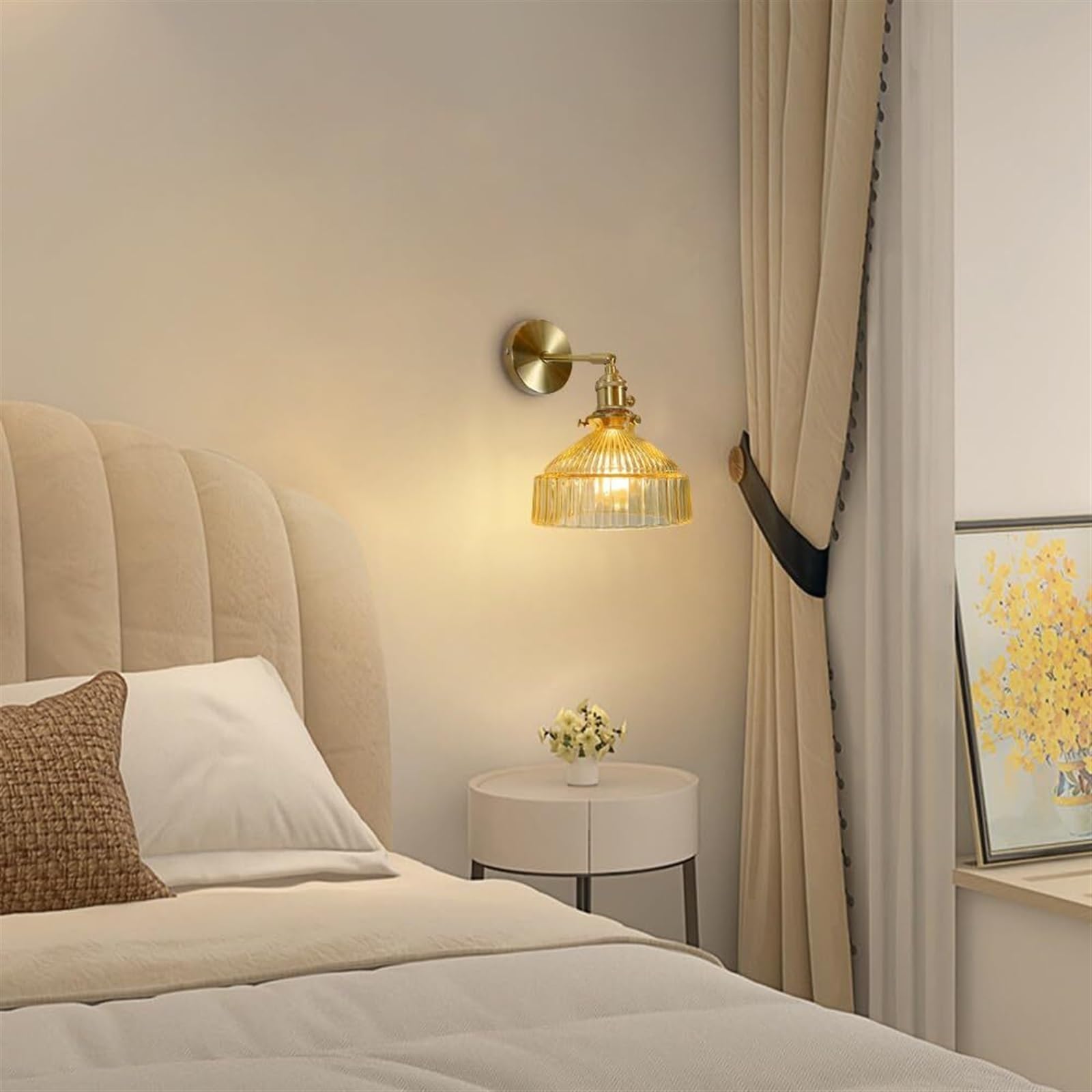 Applique da Parete Vintage a 1 Luce con Paralume in Vetro a Strisce, Lampada da Parete in Ottone Regolabile a 180 Gradi, Lampada da Parete per Interni cablata con Interruttore per Comodino, camer